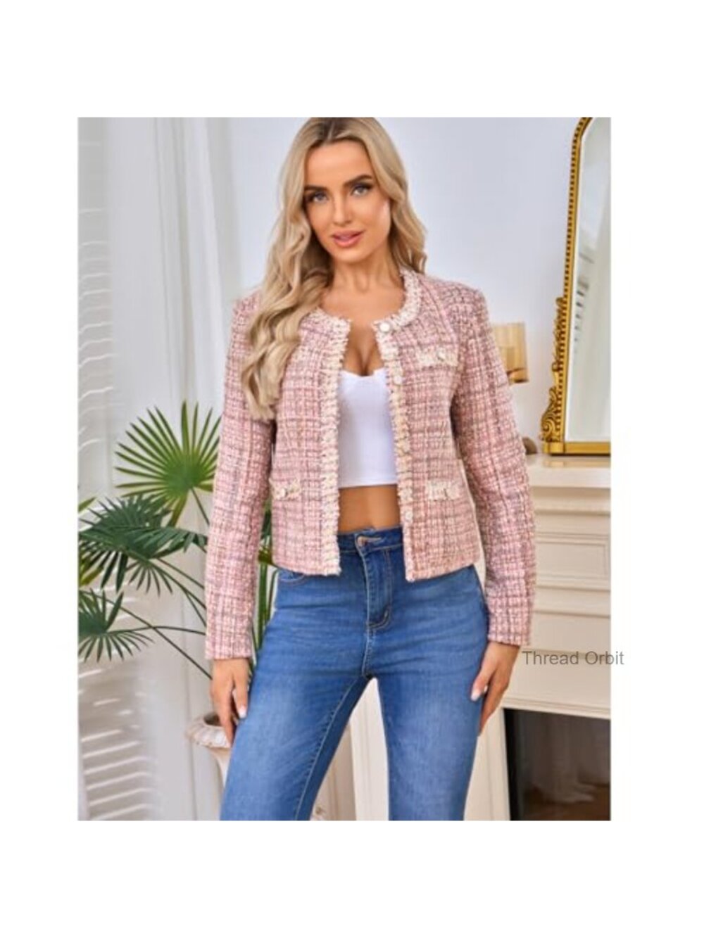 Women's Tweed Cropped Blazer Collarless Plaid Long Sleeve Slim Fit Button - Picture 2 of 6
